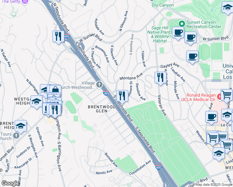 map of restaurants, bars, coffee shops, grocery stores, and more near 11284 Montana Avenue in Los Angeles