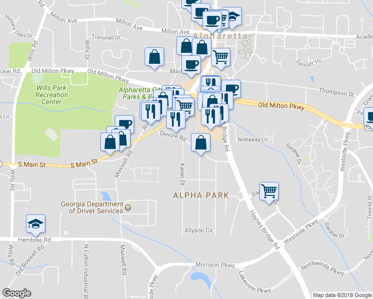map of restaurants, bars, coffee shops, grocery stores, and more near 304 Karen Drive in Alpharetta