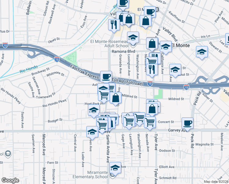 map of restaurants, bars, coffee shops, grocery stores, and more near 10631 Mildred Street in El Monte