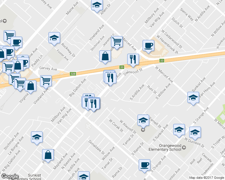 map of restaurants, bars, coffee shops, grocery stores, and more near 14321 Walnut Creek Parkway in Baldwin Park