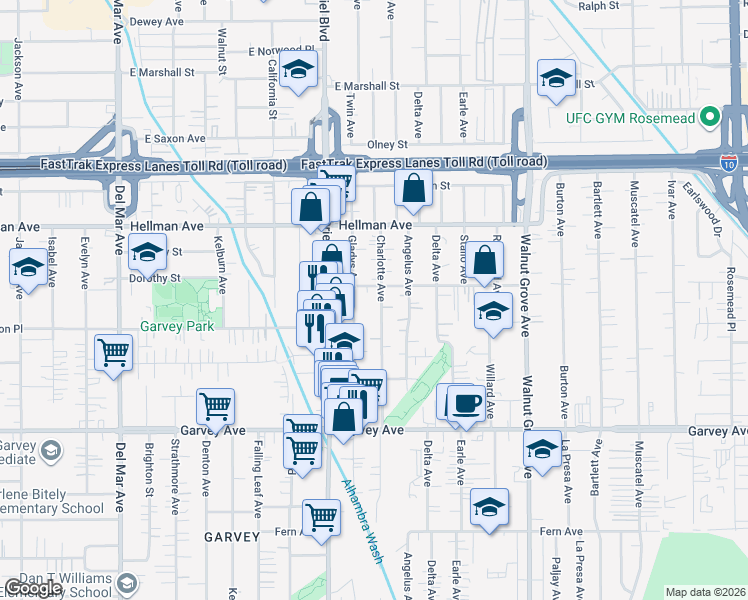 map of restaurants, bars, coffee shops, grocery stores, and more near 8243 Dorothy Street in Rosemead