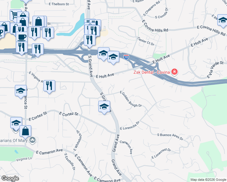 map of restaurants, bars, coffee shops, grocery stores, and more near 19641 East Golden Bough Drive in Covina