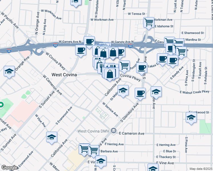 map of restaurants, bars, coffee shops, grocery stores, and more near 1019 Glendale Street in West Covina