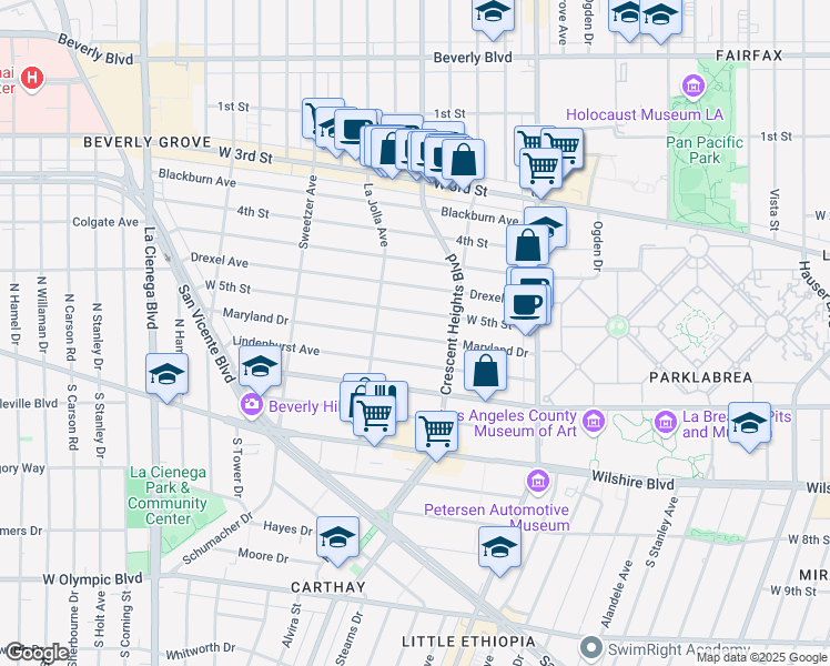 map of restaurants, bars, coffee shops, grocery stores, and more near 6341 Maryland Drive in Los Angeles