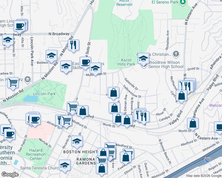 map of restaurants, bars, coffee shops, grocery stores, and more near 2021 Hicks Avenue in Los Angeles