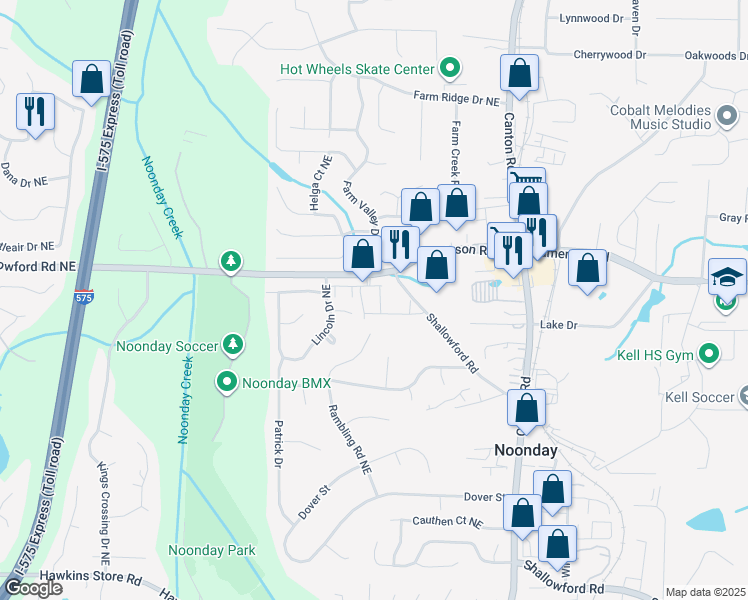 map of restaurants, bars, coffee shops, grocery stores, and more near 780 Shallowford Road Northwest in Kennesaw