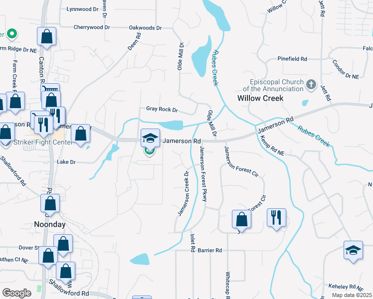 map of restaurants, bars, coffee shops, grocery stores, and more near 1420 Creek Overlook Court in Marietta