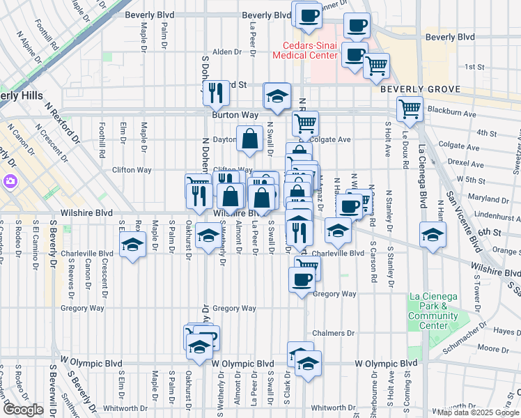 map of restaurants, bars, coffee shops, grocery stores, and more near 133 North Swall Drive in Beverly Hills