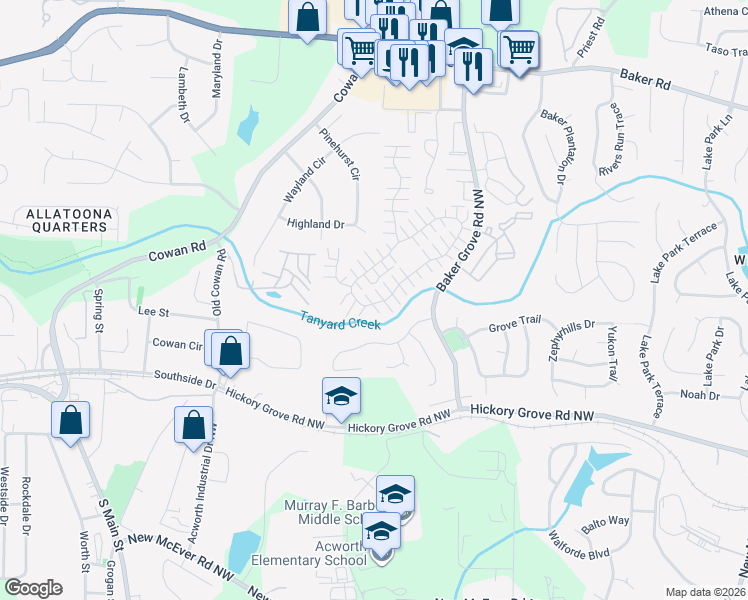 map of restaurants, bars, coffee shops, grocery stores, and more near 469 Windcroft Court Northwest in Acworth