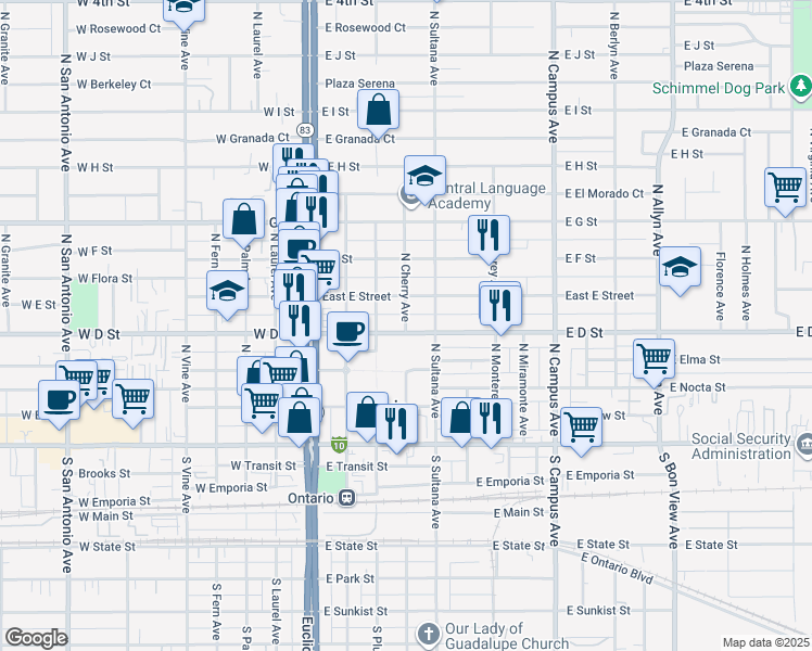 map of restaurants, bars, coffee shops, grocery stores, and more near 412 North Cherry Avenue in Ontario