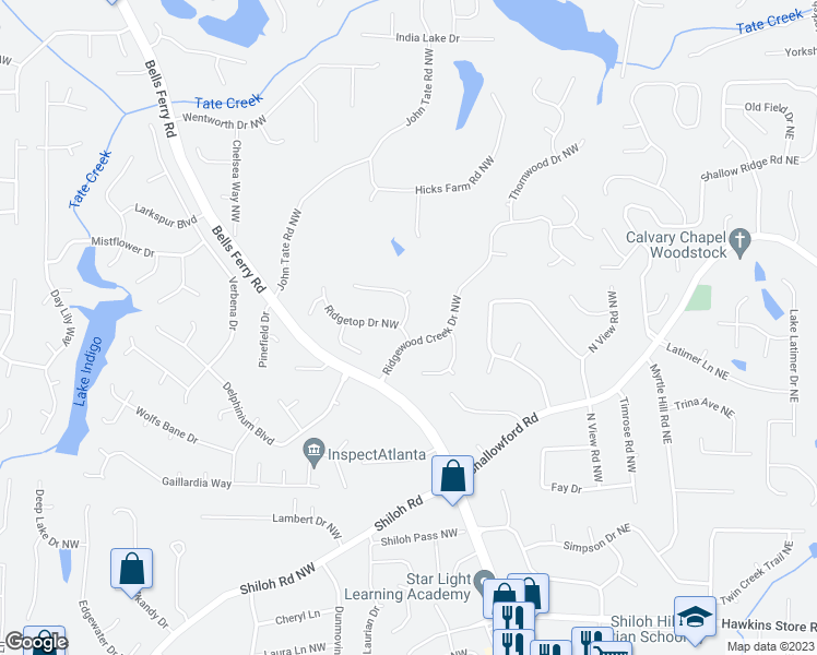 map of restaurants, bars, coffee shops, grocery stores, and more near 404 Ridgetop Drive Northwest in Acworth