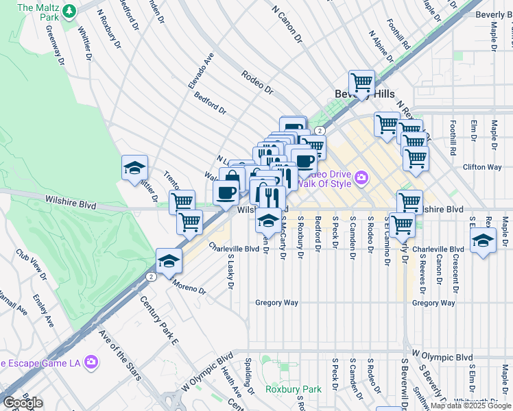 map of restaurants, bars, coffee shops, grocery stores, and more near 9757 Wilshire Boulevard in Beverly Hills