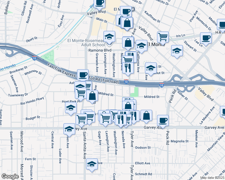 map of restaurants, bars, coffee shops, grocery stores, and more near 3223 Washington Avenue in El Monte
