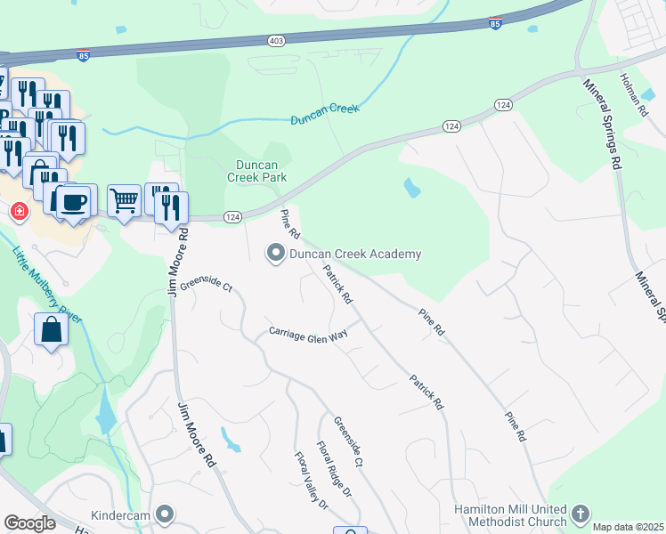 map of restaurants, bars, coffee shops, grocery stores, and more near 2045 Pine Road in Dacula