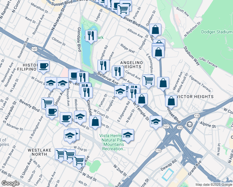 map of restaurants, bars, coffee shops, grocery stores, and more near West Temple Street & Douglas Street in Los Angeles