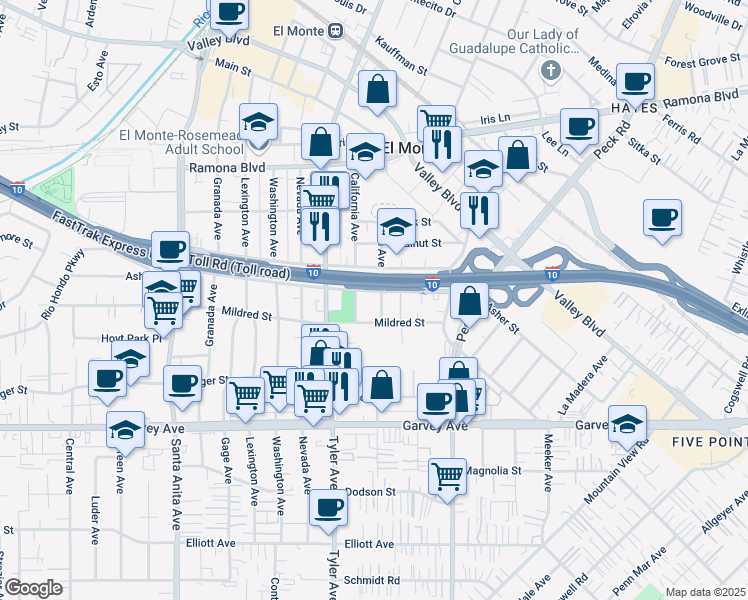 map of restaurants, bars, coffee shops, grocery stores, and more near 3231 Utah Avenue in El Monte
