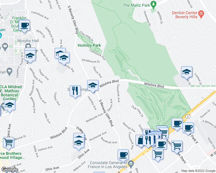 map of restaurants, bars, coffee shops, grocery stores, and more near 875 Comstock Avenue in Los Angeles