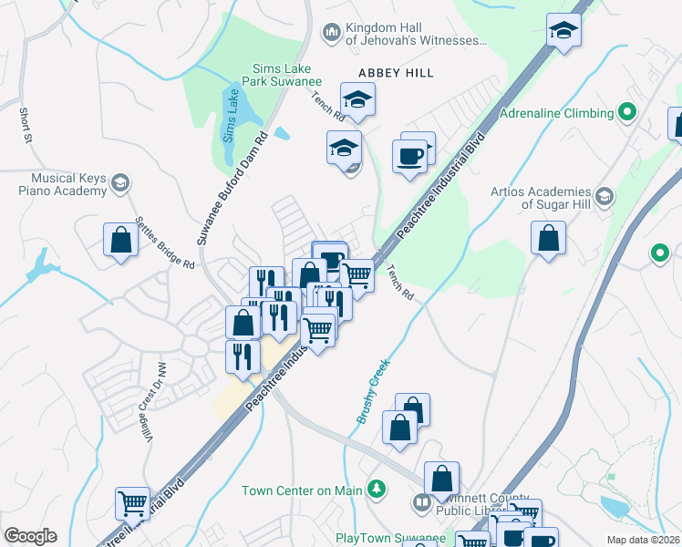map of restaurants, bars, coffee shops, grocery stores, and more near 4162 Baverton Drive in Suwanee