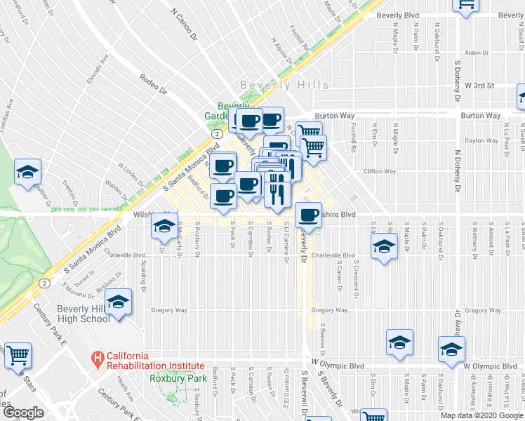 map of restaurants, bars, coffee shops, grocery stores, and more near in Beverly Hills