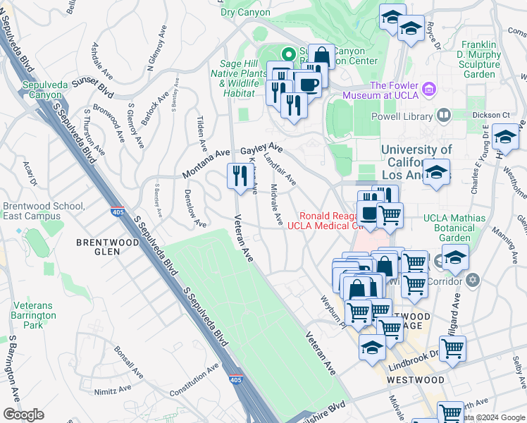 map of restaurants, bars, coffee shops, grocery stores, and more near 540 Kelton Avenue in Los Angeles