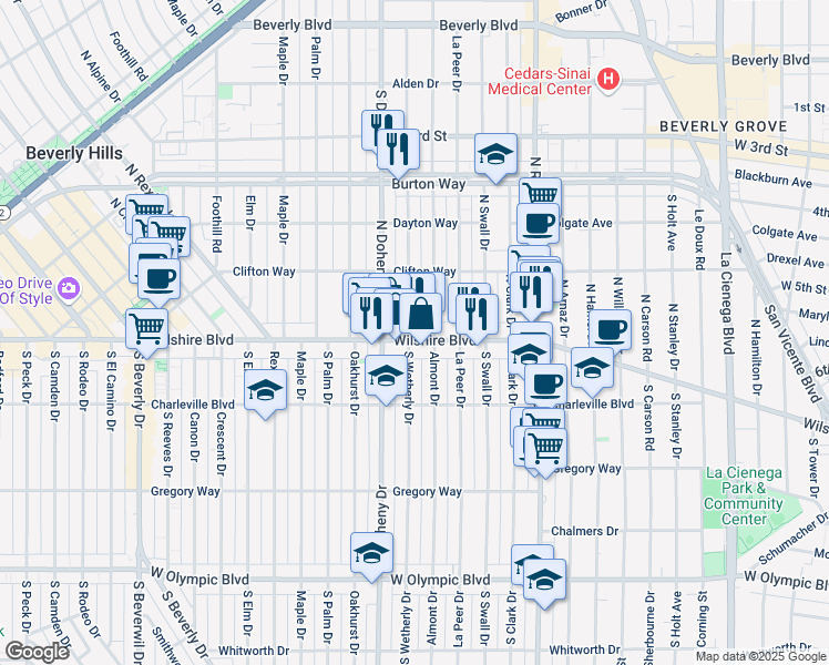 map of restaurants, bars, coffee shops, grocery stores, and more near 127 North Wetherly Drive in Beverly Hills
