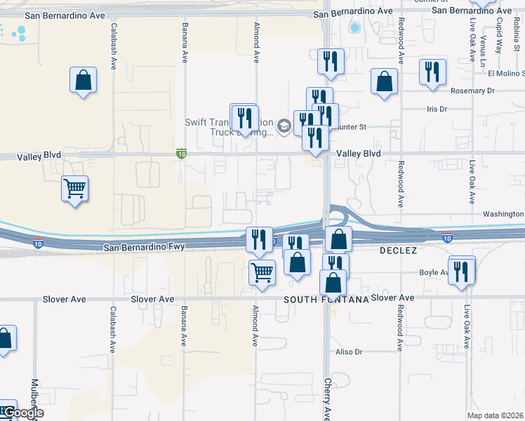 map of restaurants, bars, coffee shops, grocery stores, and more near 10217 Almond Avenue in Fontana