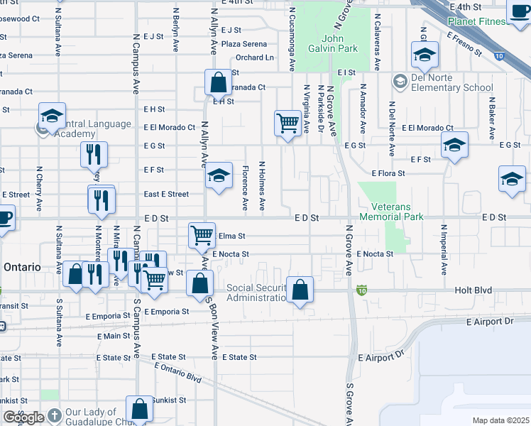 map of restaurants, bars, coffee shops, grocery stores, and more near 435 North Cucamonga Avenue in Ontario