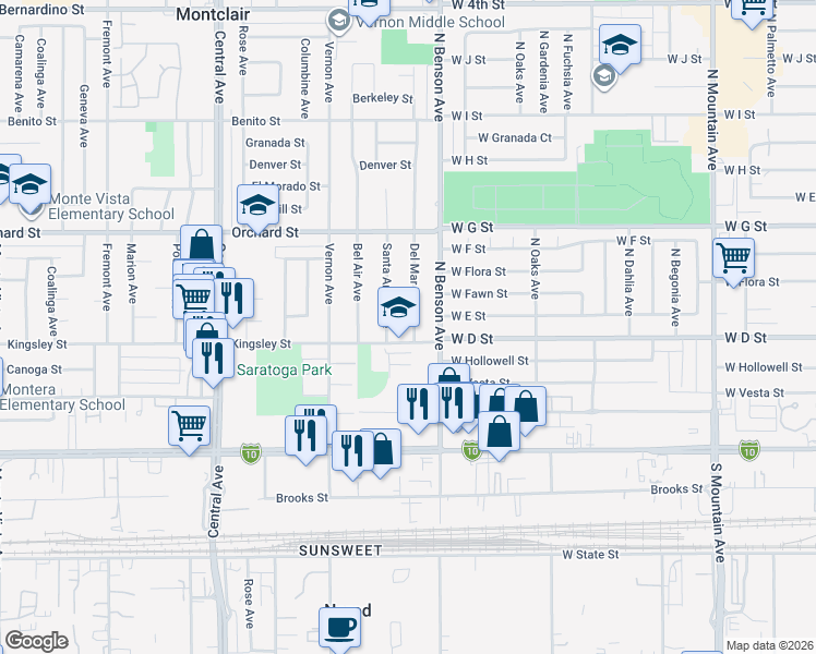map of restaurants, bars, coffee shops, grocery stores, and more near 10251 Santa Anita Avenue in Montclair