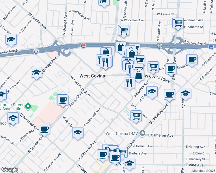 map of restaurants, bars, coffee shops, grocery stores, and more near in West Covina