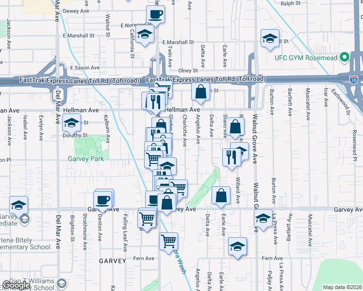 map of restaurants, bars, coffee shops, grocery stores, and more near 8243 Dorothy Street in Rosemead