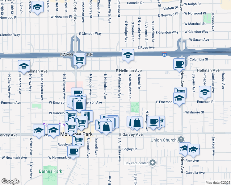 map of restaurants, bars, coffee shops, grocery stores, and more near 521 North Alhambra Avenue in Monterey Park