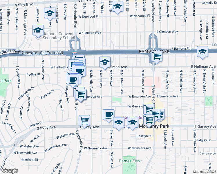 map of restaurants, bars, coffee shops, grocery stores, and more near 523 North Ynez Avenue in Monterey Park