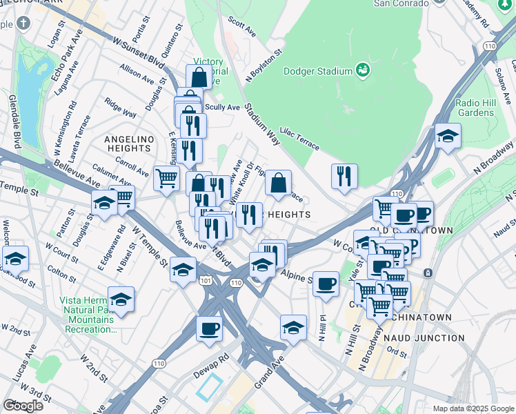 map of restaurants, bars, coffee shops, grocery stores, and more near 927 North Beaudry Avenue in Los Angeles