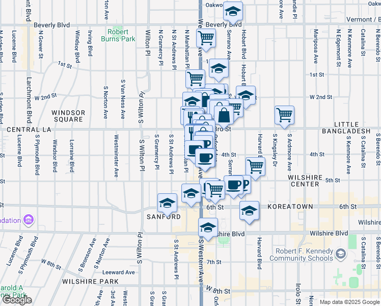 map of restaurants, bars, coffee shops, grocery stores, and more near 333 South Western Avenue in Los Angeles