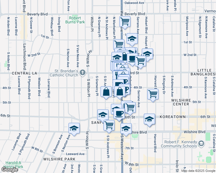 map of restaurants, bars, coffee shops, grocery stores, and more near 333 South Manhattan Place in Los Angeles