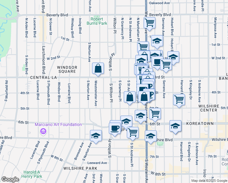 map of restaurants, bars, coffee shops, grocery stores, and more near 332 South Wilton Place in Los Angeles