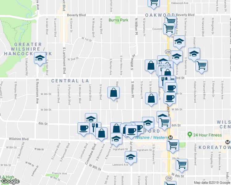 map of restaurants, bars, coffee shops, grocery stores, and more near 324 South Norton Avenue in Los Angeles
