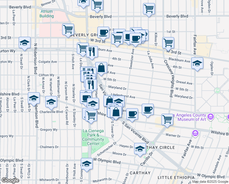 map of restaurants, bars, coffee shops, grocery stores, and more near 6647 Maryland Drive in West Hollywood