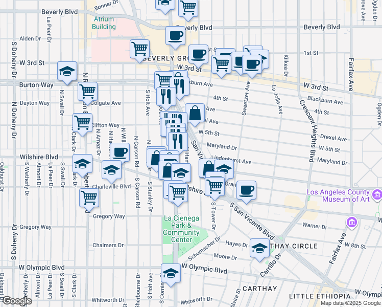 map of restaurants, bars, coffee shops, grocery stores, and more near 147 North Hamilton Drive in Beverly Hills