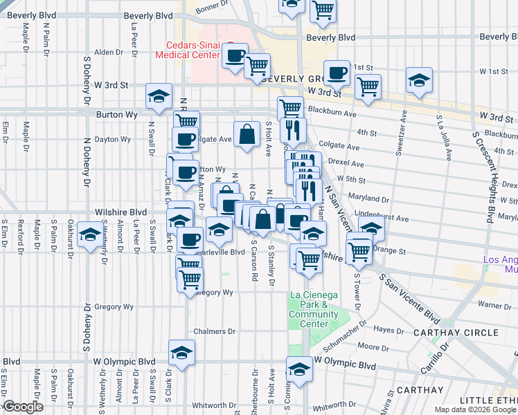 map of restaurants, bars, coffee shops, grocery stores, and more near 149 North Stanley Drive in Beverly Hills