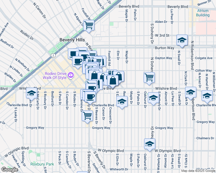 map of restaurants, bars, coffee shops, grocery stores, and more near 147 North Crescent Drive in Beverly Hills