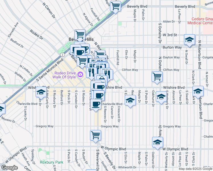 map of restaurants, bars, coffee shops, grocery stores, and more near 2421 Clifton Way in Beverly Hills