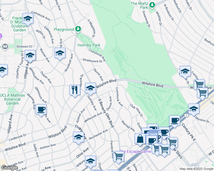 map of restaurants, bars, coffee shops, grocery stores, and more near 875 Comstock Avenue in Los Angeles