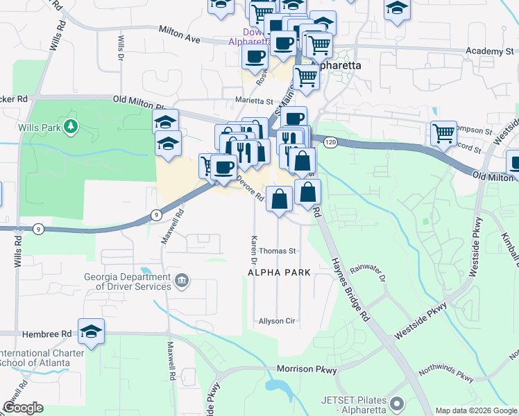 map of restaurants, bars, coffee shops, grocery stores, and more near 304 Karen Drive in Alpharetta