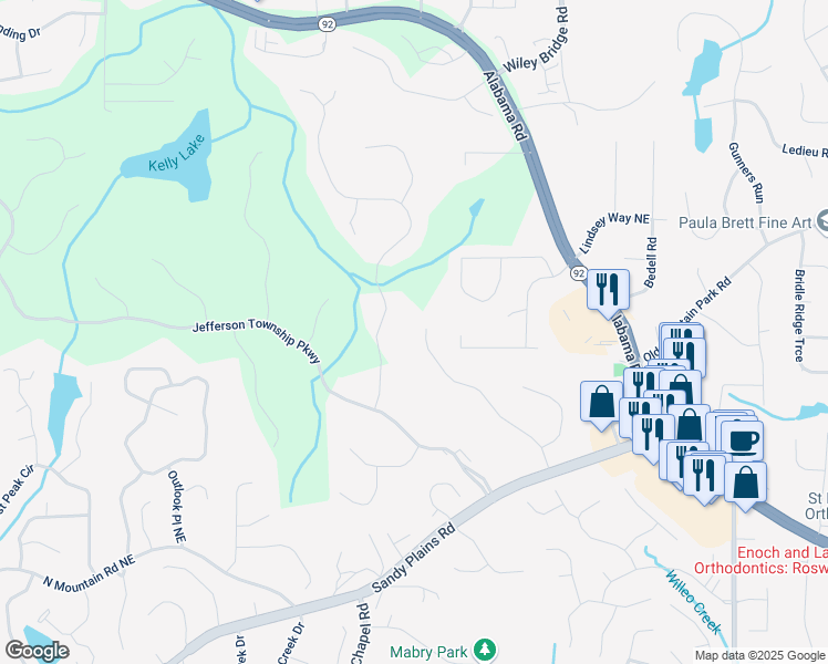 map of restaurants, bars, coffee shops, grocery stores, and more near 4673 Jefferson Township Place in Marietta