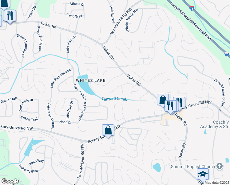 map of restaurants, bars, coffee shops, grocery stores, and more near 2949 Spotted Pony Court Northwest in Acworth