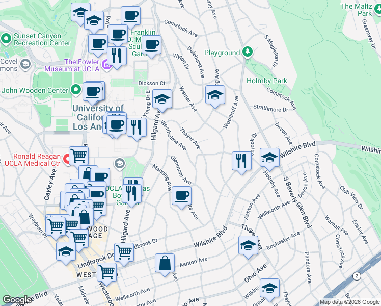 map of restaurants, bars, coffee shops, grocery stores, and more near 760 Westholme Avenue in Los Angeles