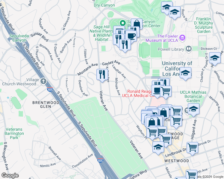 map of restaurants, bars, coffee shops, grocery stores, and more near 540 Kelton Avenue in Los Angeles