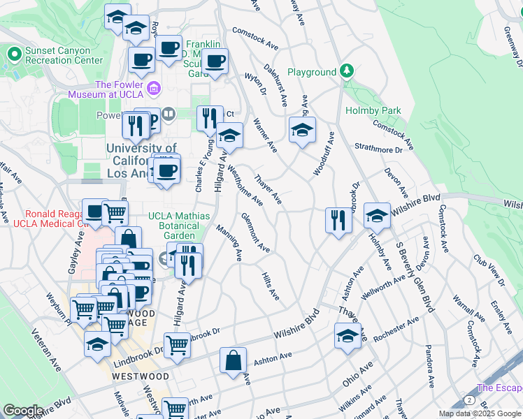 map of restaurants, bars, coffee shops, grocery stores, and more near 722 Westholme Avenue in Los Angeles