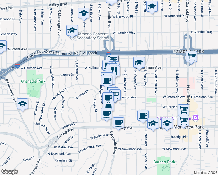 map of restaurants, bars, coffee shops, grocery stores, and more near 421 North Atlantic Boulevard in Monterey Park